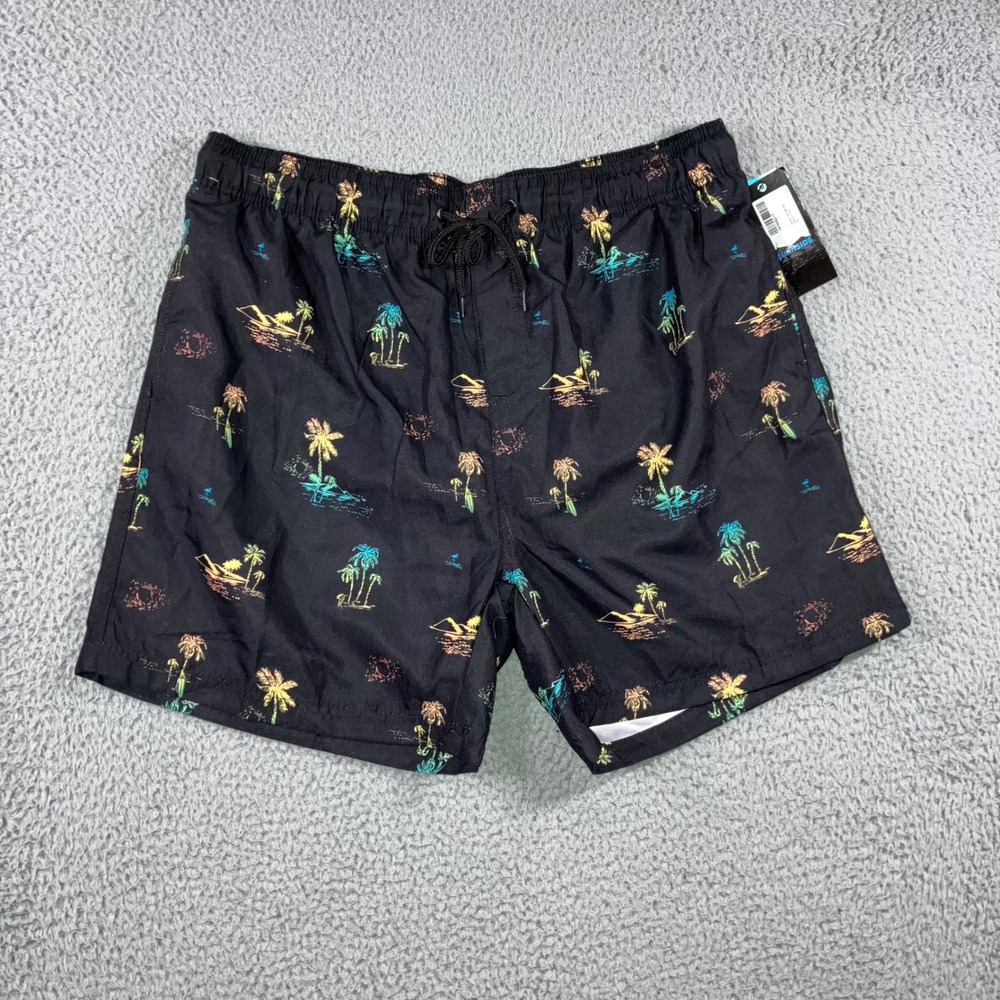 Burnside Swim Trunks Men XL Black Lined Tropical Palm Tree Print Elastic Waist